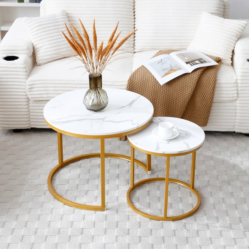 Modern Round Coffee Table with Wood Top and Sturdy Metal Frame (Set of 2)