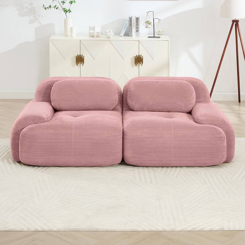 Rossetta Simplified Anti-Slip Style Premium Corduroy Fabric Modular Loveseat Sofa with Curved Armrests - Pink