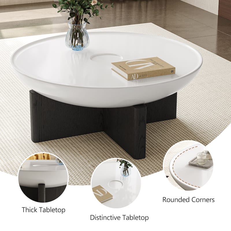 35.4" Modern Round Coffee Table - White Tabletop with Black Wood Cross Base, Sturdy Center Table for Living Room