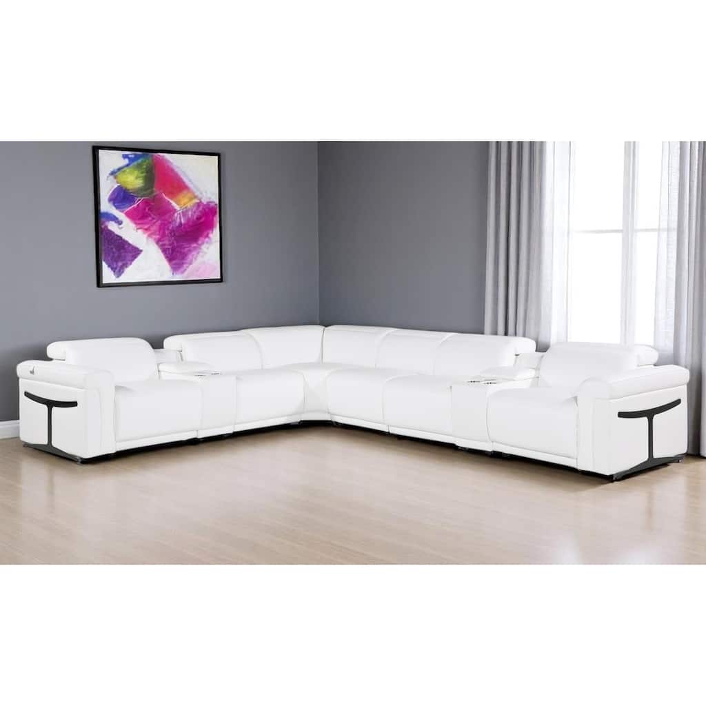 HomeRoots White Italian Leather Modular L Shaped Eight Piece Corner Sectional With Console