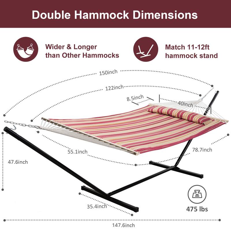 Outdoor Portable Double Hammock with Stand&Pillow Max 475 lbs Capacity
