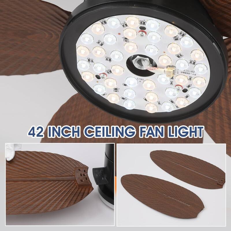 42 Inches Flush Mount Ceiling Fan with Light and Palm Leaf ,3CCT Dimmable LED Integrated,for Indoor and Outdoor - 42 Inches