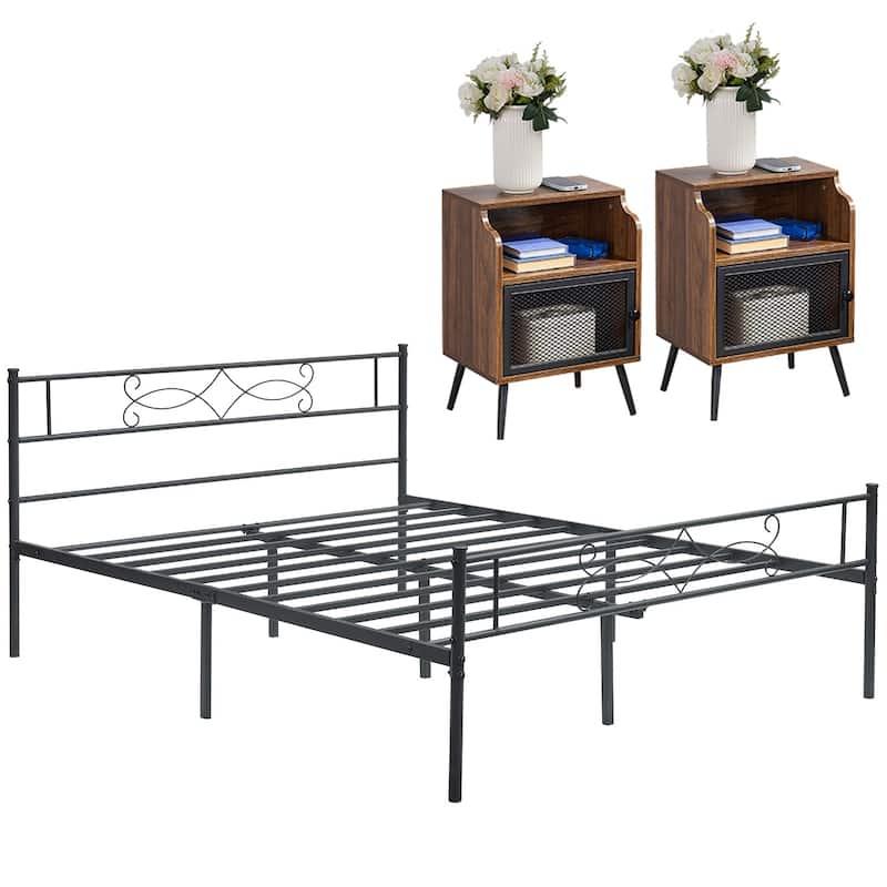 Taomika 3-pieces Bedroom Set with Metal Bed Frame and Nightstands - Full