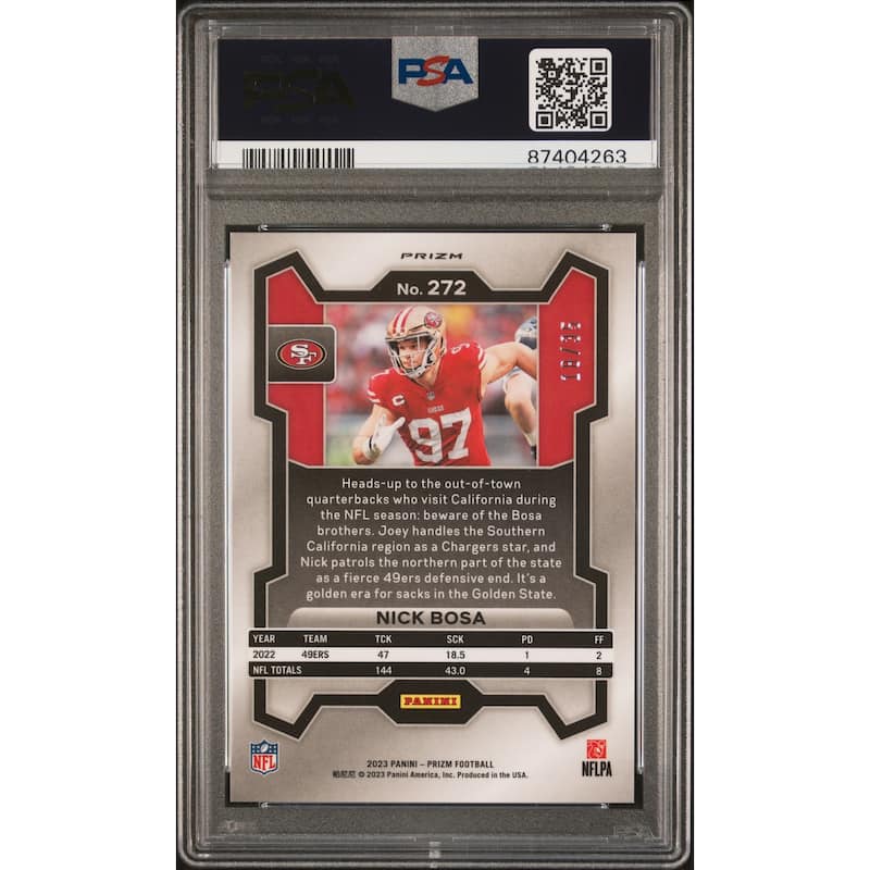 Nick Bosa 2023 Panini Prizm Red Shimmer Football Card #272 Graded PSA 10 18/35 Cert # 87404263 - 8' x 11'
