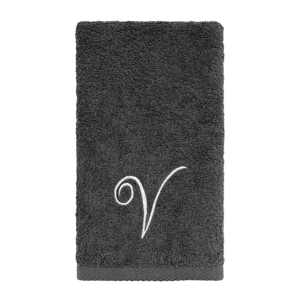 Avanti Granite with Silver Script Monogram Bath Towel Letter V - Fingertip Towel