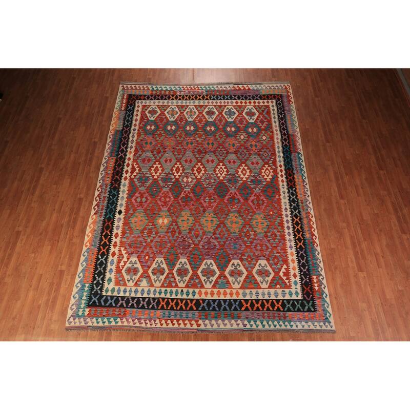 South Western Kilim Area Rug Hand-Woven Wool Carpet - 9'8" x 13'3"