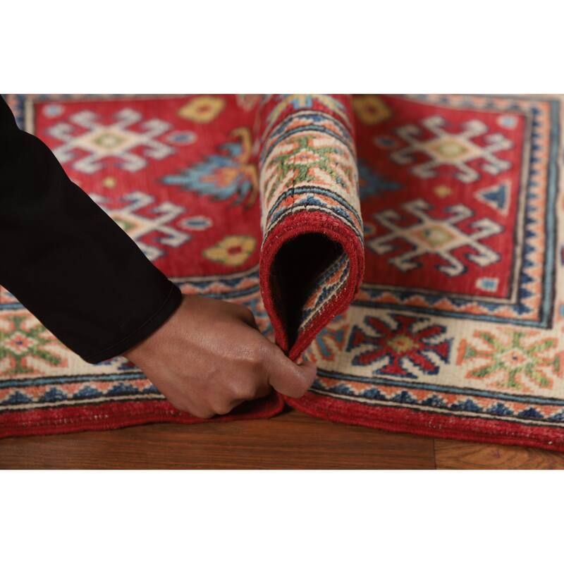 Kazak Oriental Rug Handmade Red Geometric Wool Carpet - 2'0"x 3'0"