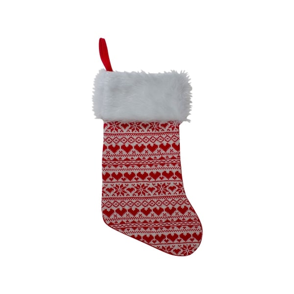 19" Red and White Hearts With Snowflakes Knit Christmas Stocking Faux Fur Cuff. Opens flyout.