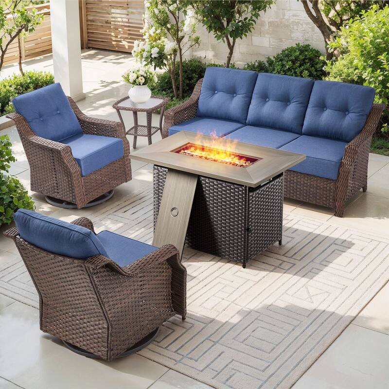 Gymojoy Wicker Patio Furniture Sofa Set with Fire Pit Table, 6-Inch Ultra Thick Cushioned 360° Swivel Glider Chairs
