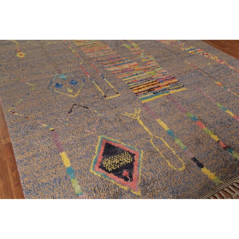Brown & Blue Moroccan Abstract Area Rug Handmade Wool Carpet - 8'10"x 12'9"