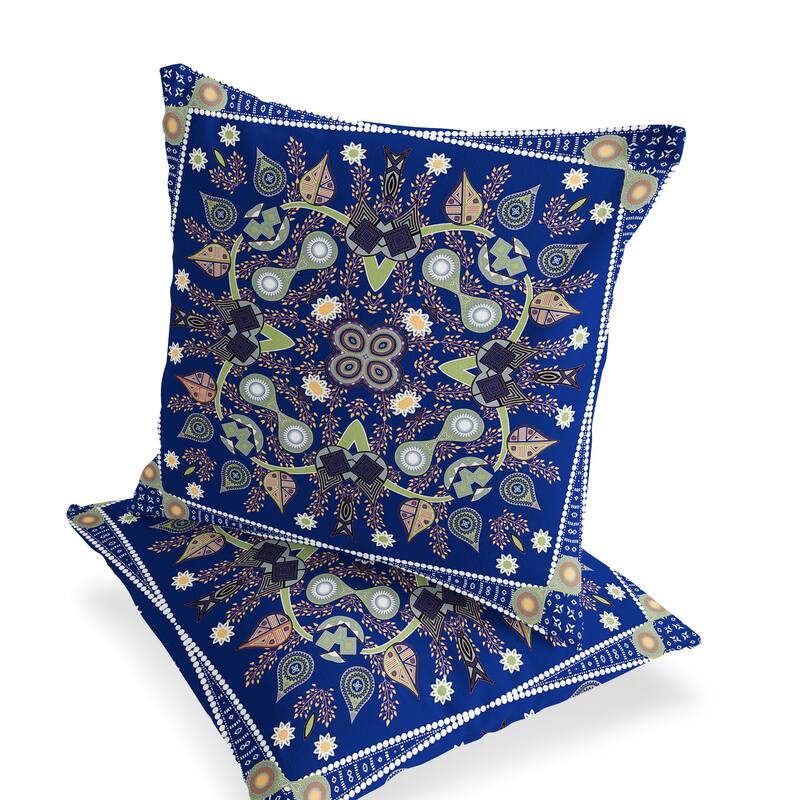 HomeRoots Set of Two 16" X 16" Blue and Green Blown Seam Paisley Indoor Outdoor Throw Pillow - 16.00' X '16.00' X '5.00