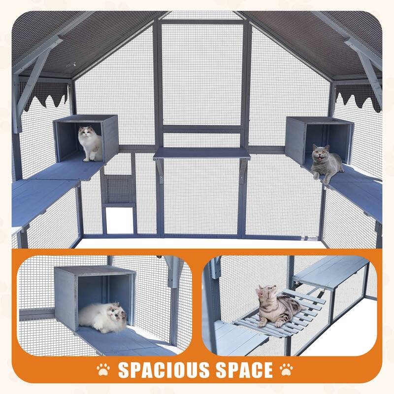 Roomfitters Outdoor Cat House, Large 110" Kitten Playpen with Platforms and Upgrade Waterproof Cover, Grey