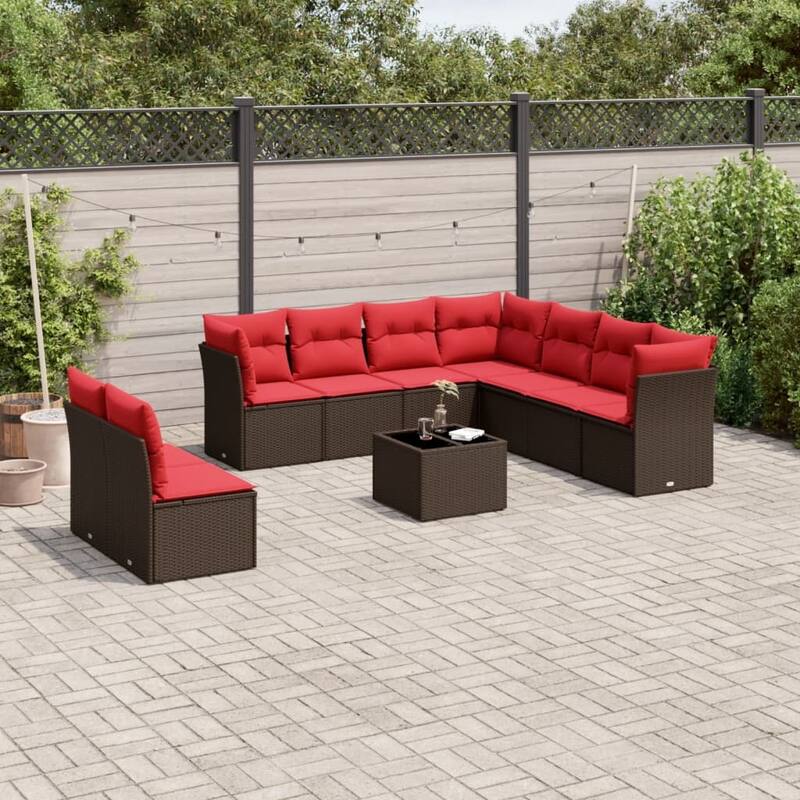 vidaXL 9/10 Piece Patio Sofa Set with Cushions Black/Brown/Gray Poly Rattan - 21.7 x 24.4 x 27.2