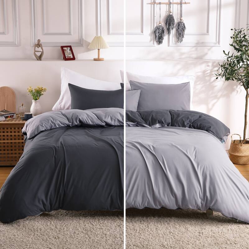 3 Piece Reversible Double Brushed Microfiber Duvet Cover Set - Grey - King