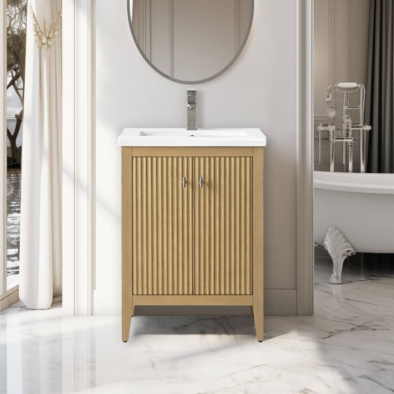Vanity Art 24" Single Sink Bathroom Vanity Cabinet with Ceramic Top - 24"/Brushed Nickel Handle - Linear Natural Oak