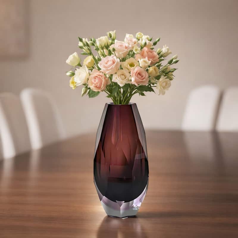 Elegant Plum Cut Glass Vase with Faceted Base Modern Decor Accent Art