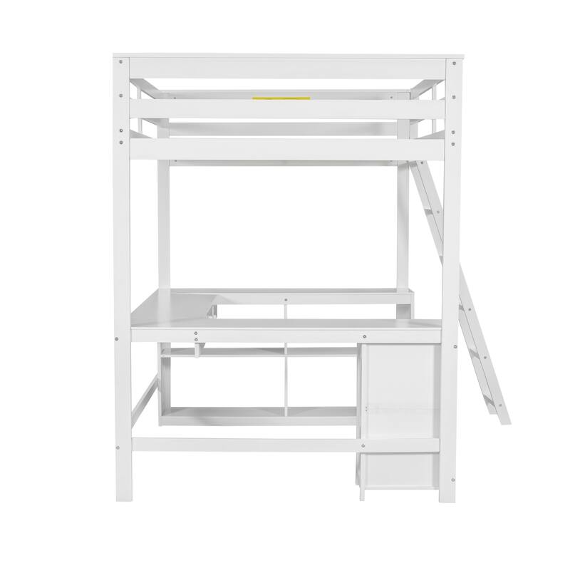 Full Size Loft Bed with U-shaped Desk, Drawers, and Storage Shelves in White