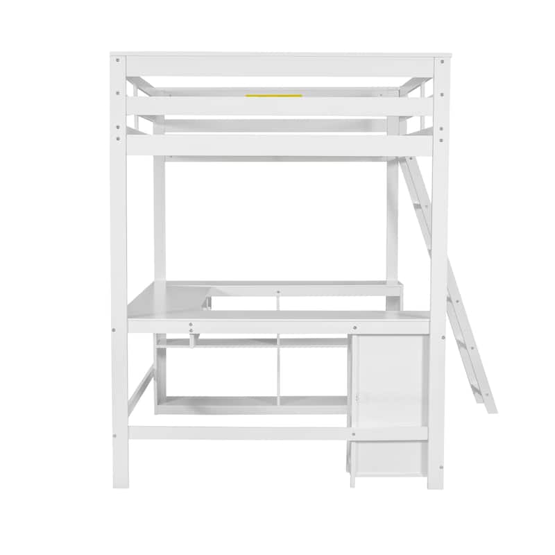 White Full Size Solid Wood Loft Bed with Desk, Blackboard & Drawers