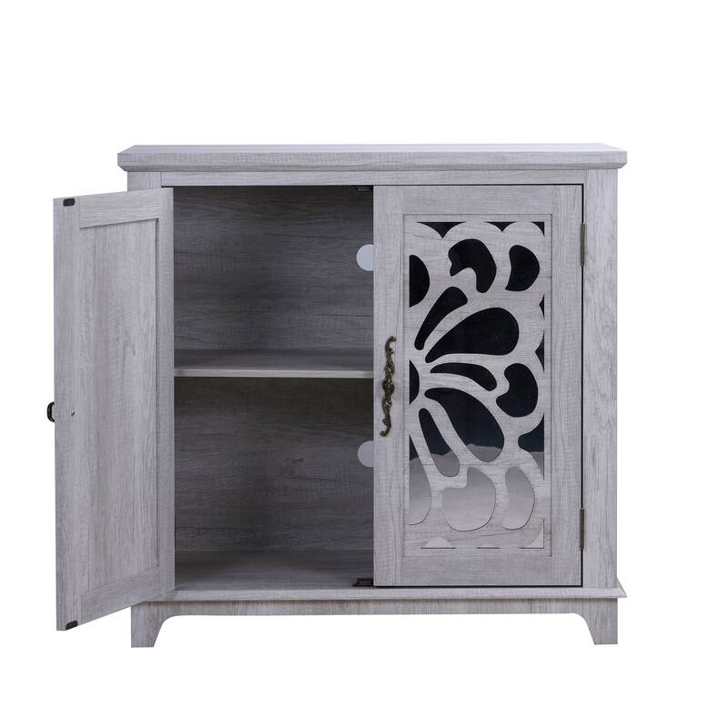 Elegant sideboard with 2 acrylic mirrored doors Sideboard and Buffet with Storage, Hollow-Carved Accent Cabinet