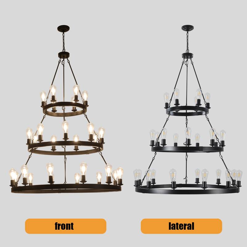 27-Light Wheel Chandelier, Three-Tier Round Ceiling Lighting, Black Living Room Hanging Ceiling Lighting Fixtures