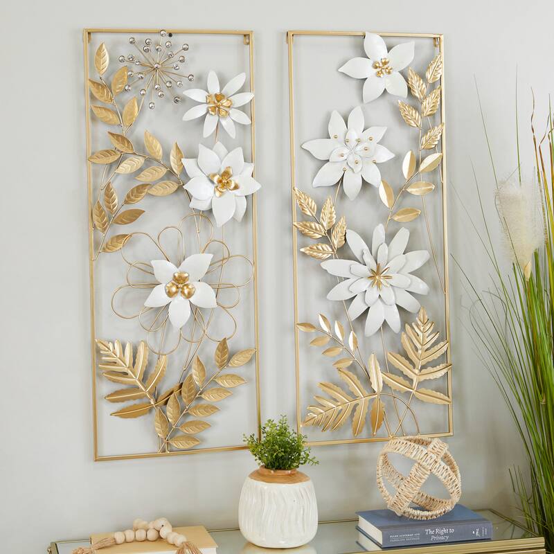Gold Metal Floral Home Wall Decor with Gold Frame (Set of 2) - Gold