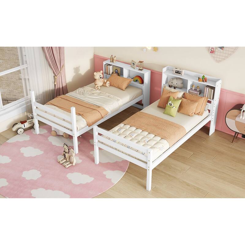 Roomfitters Twin Over Twin Rubber Wood Bunk Bed with Shelves Headboard, Convertible Design, Ladder and Safety Guardrails
