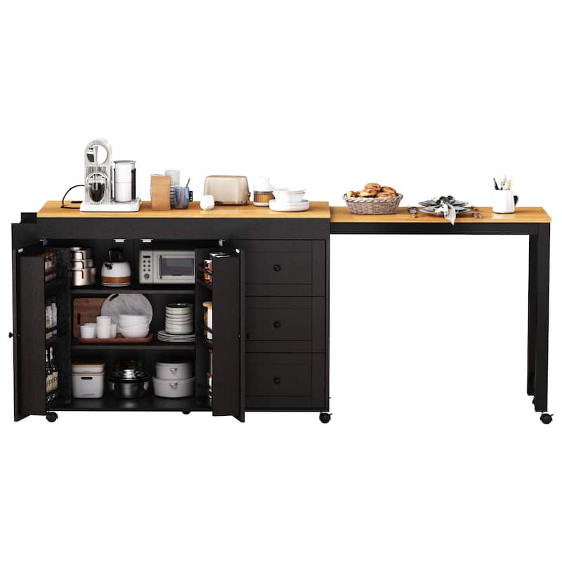 Extendable Dining Table, Rolling Kitchen Island with Power Outlet, Kitchen Storage Cabinet with Adjustable Shelve