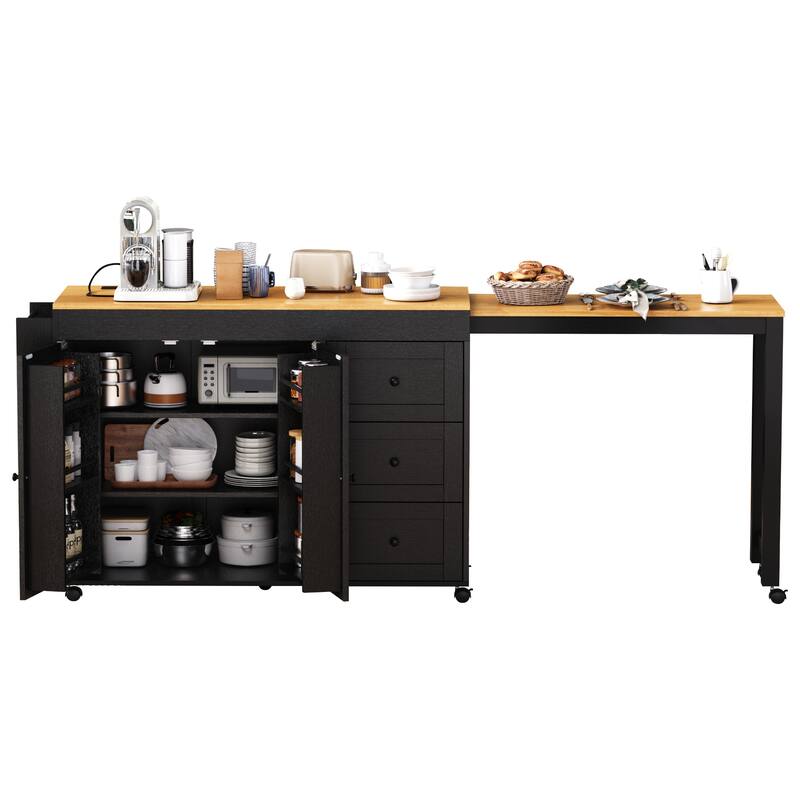 Roomfitters 74.8" Rolling Kitchen Island with Extendable Dining Table, Mobile Cart with Power Outlet, 3 Drawers & Racks