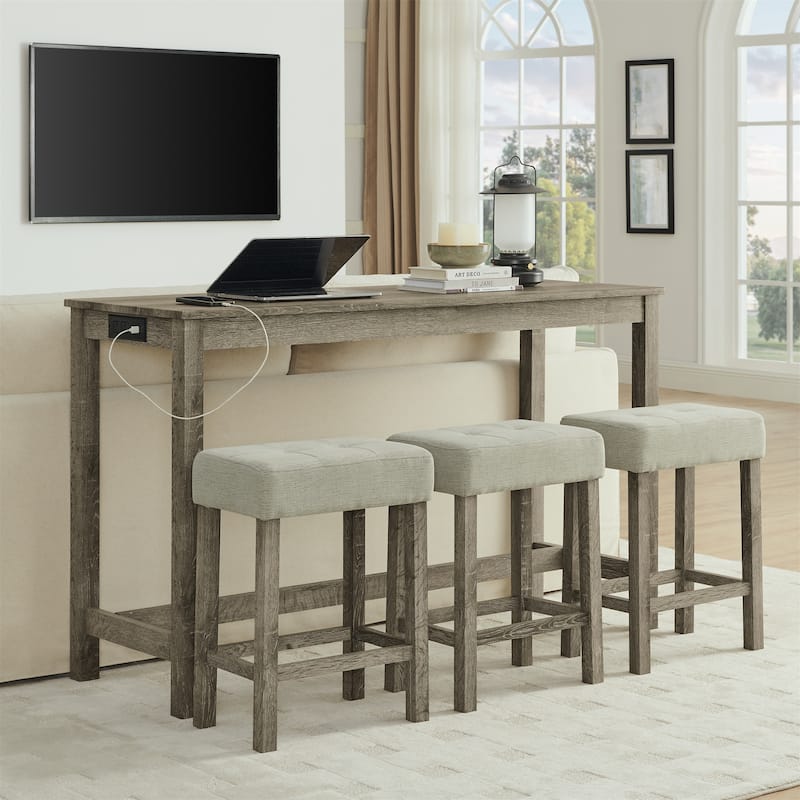 59" Counter Height Bar Table Set with Power Outlet, Industrial Breakfast Table with 3 Stools, 4 Piece Bar Table and Chairs Set