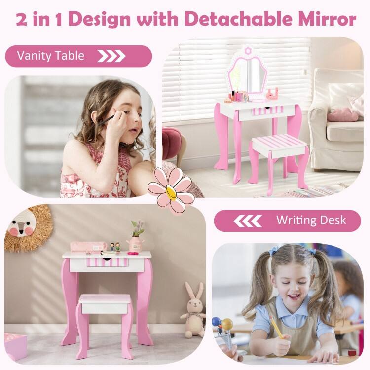 2-in-1 Toddler Vanity Set with Detachable Top & Cute Flower Patterns - N/A