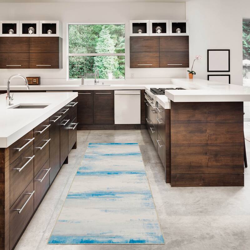 Tiana Machine Washable Ivory and Blue Area Rug