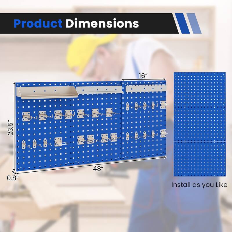 Gymax 3 Pcs Pegboard Wall Organizer w/ 25 Hooks Drill Bit Holder