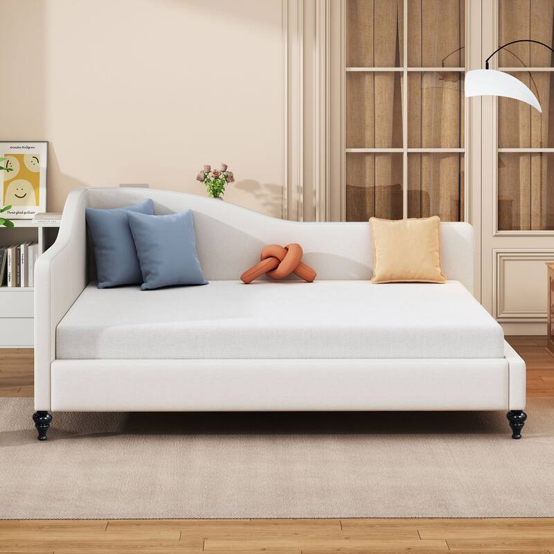 L-Shaped Linen Daybed with Solid Wood Legs - Beige - Full