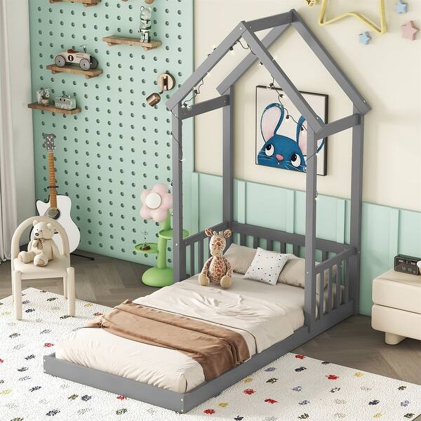slide 2 of 24, Twin House Roof Headboard Floor Bed Grey