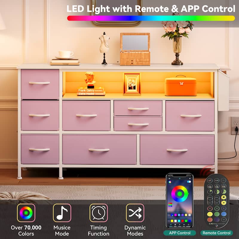 Moasis 50"W 9-drawer Fabric Dresser, Media Console, TV Stand with Outlets, RGB Lights