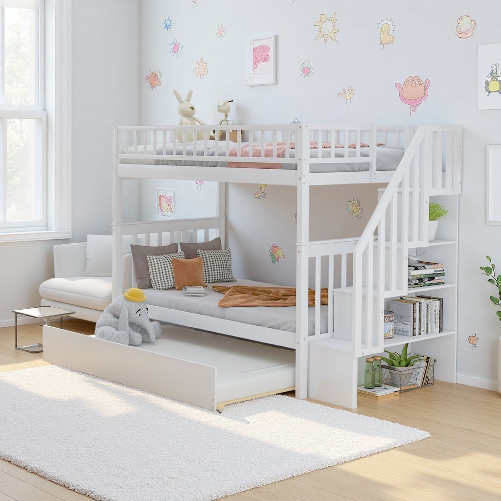 Twin over Twin Pine Bunk Bed with Trundle and Storage