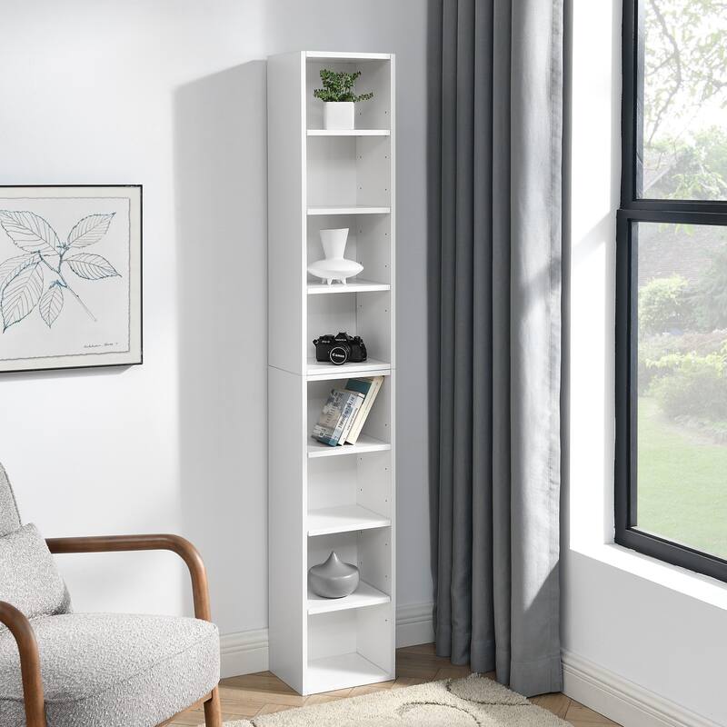 Multi-Functional Double-Decker Tall Narrow Bookcase Display Bookshelf - White