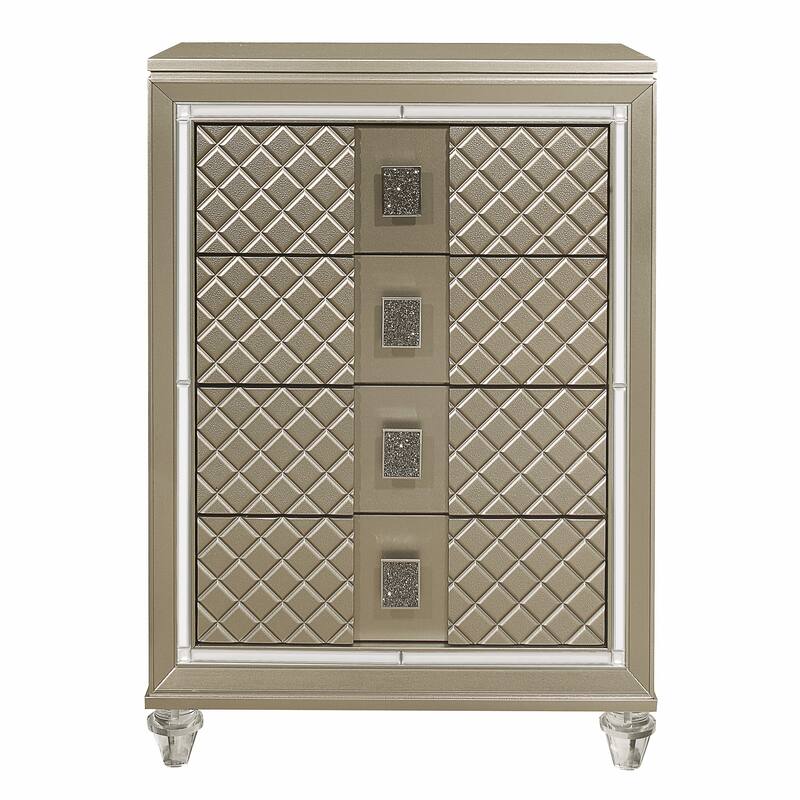 Loy Tall Dresser Chest, 4 Drawers Champagne Gold Metallic, Mirror Trim