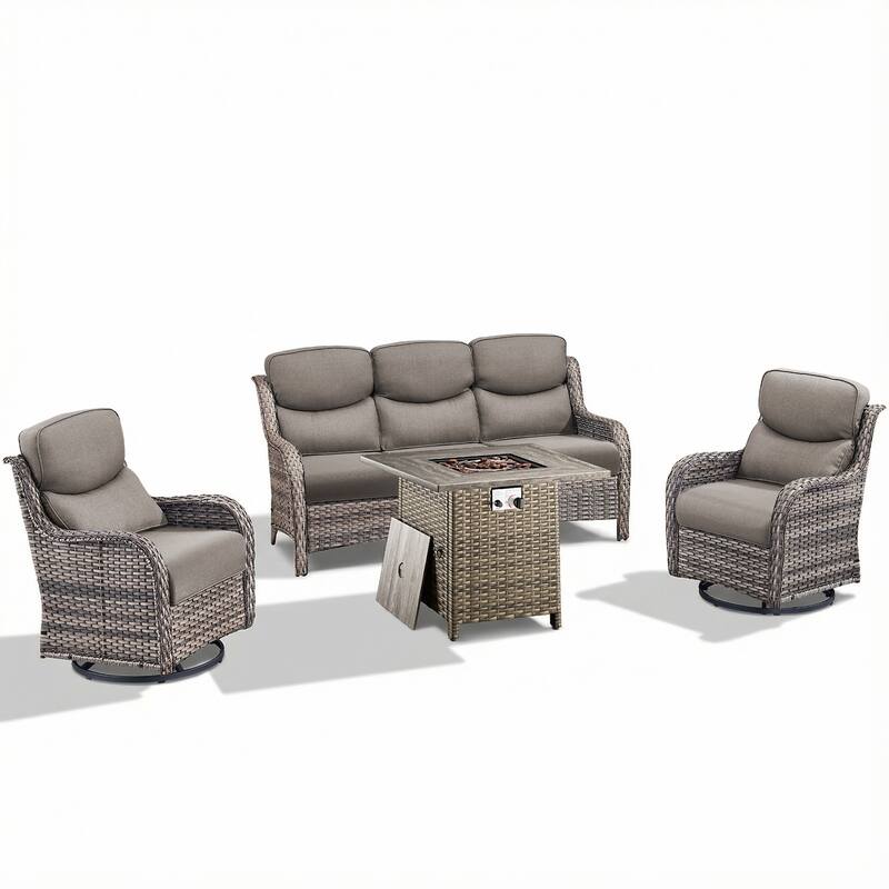 Pocassy Outdoor Propane Fire Table with Sofa Swivel Chair Table Funiture Set.