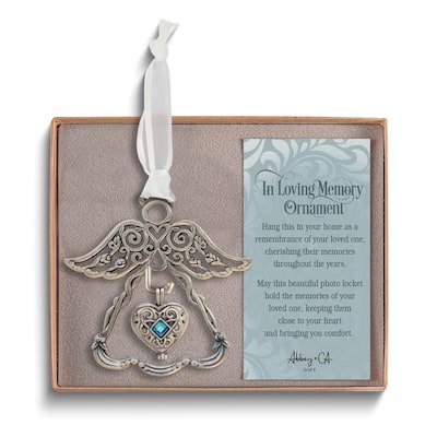 Curata In Loving Memory Silver-Tone with Blue Stone Heart Locket Angel Ornament