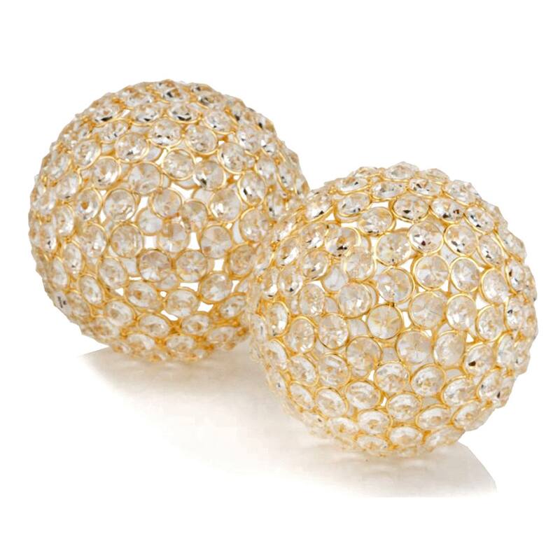 HomeRoots Set Of Two 5" Gold And Faux Crystal Bling Spheres - 5' X '5' X '5