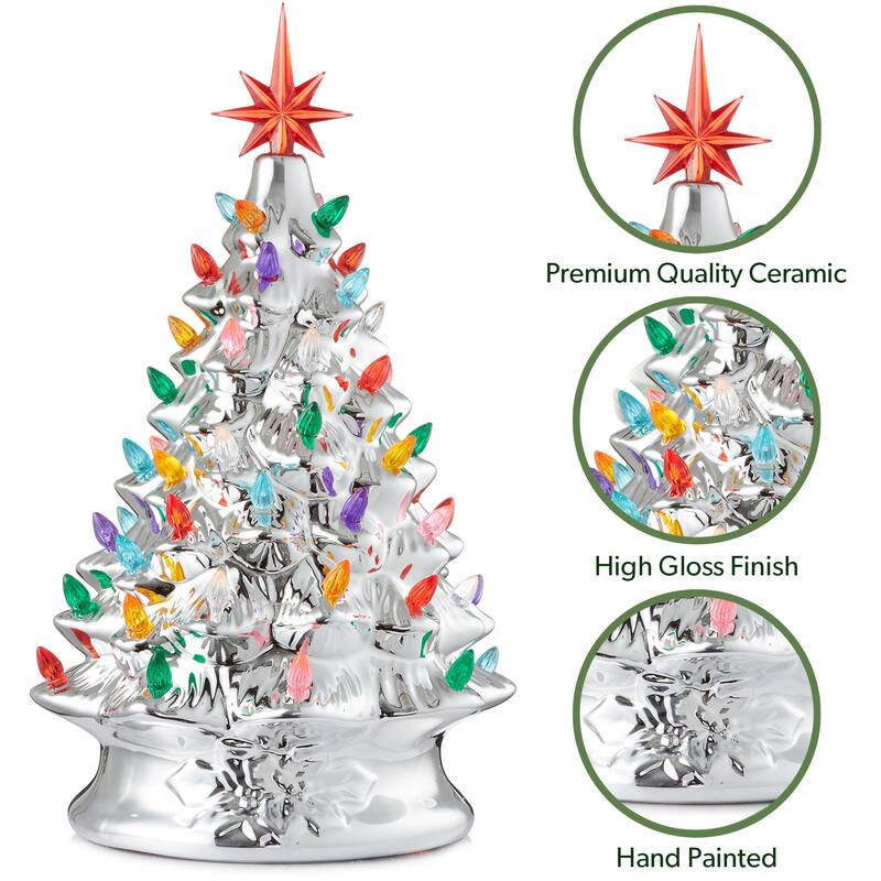 15in Hand Painted Ceramic Christmas Tree Silver PreLit Tree w Star