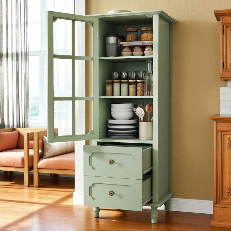 Modern Buffet Cabinet with Glass Doors and Double Drawer, Wooden Sideboard Storage Cupboard for Dining Room Entryway Hallway.
