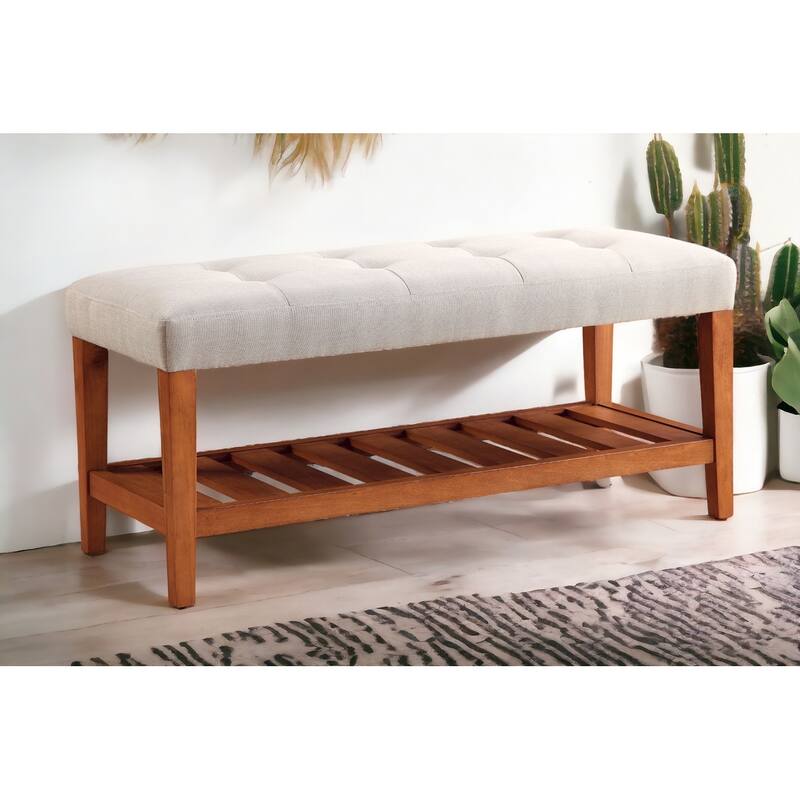 Fabric Upholstered Storage Bench with Slatted Shelf and Tapered Legs