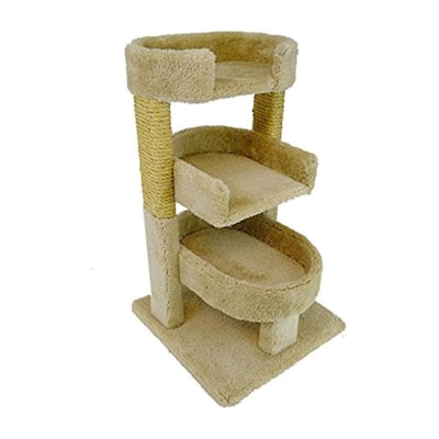 Round 33" Triple Cat Perch Tower with Three Lounging Platforms and Sisal Rope Scratching Posts