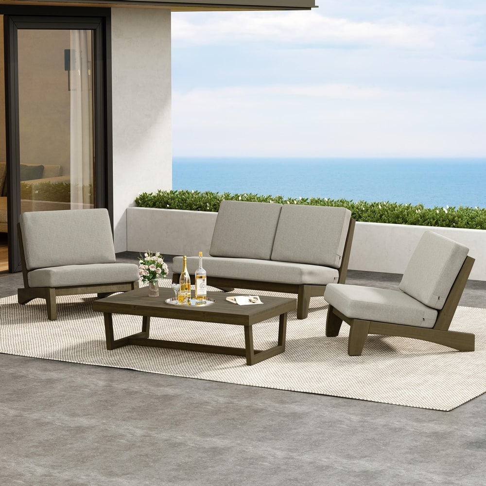 4 Pieces Wood Sectional Sofa Patio Conversation Set With Cushion