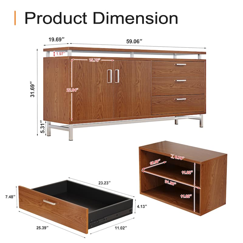 59'' Sideboard Buffet Cabinet With Metal Legs, 3 Wood Drawers And 2-Door Storage Cabinet