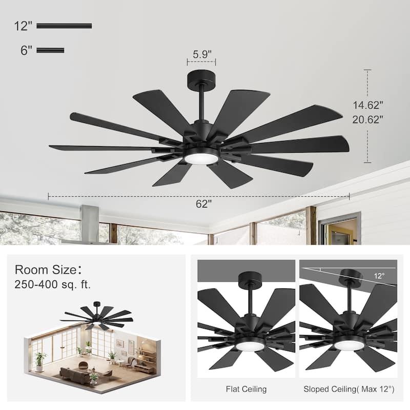 62/72-Inch Reversible 10-Blade Large Ceiling Fan with Light and Remote