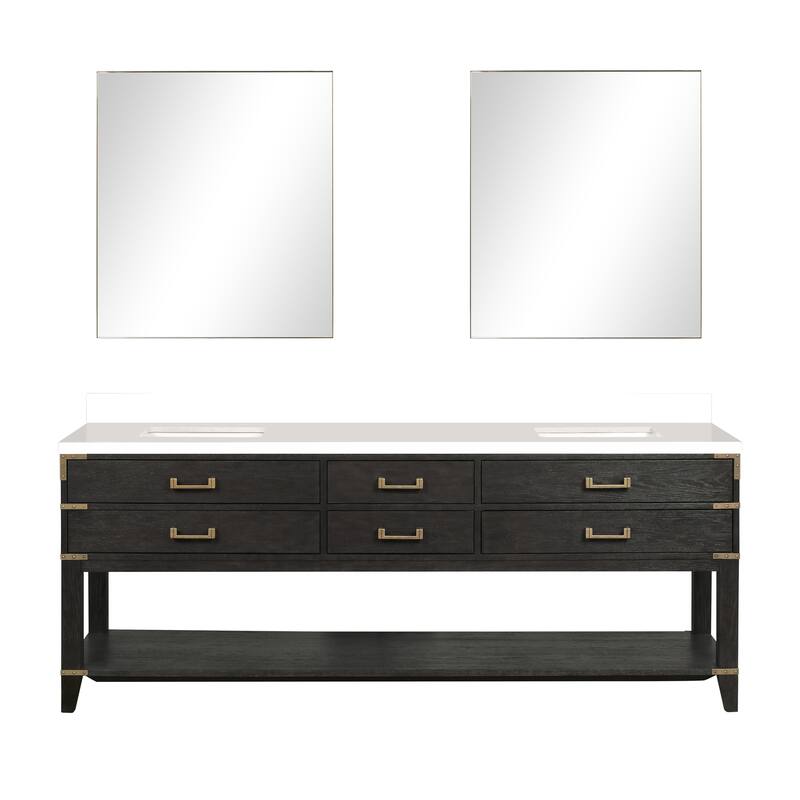 Norwalk 60 in W x 22 in D Black Oak Double Bath Vanity, White Quartz Top, and 28 in Mirrors