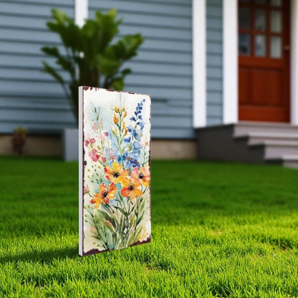 HomeRoots 30" Blue Pink White And Yellow Solid Wood Watercolor Floral Garden Stake